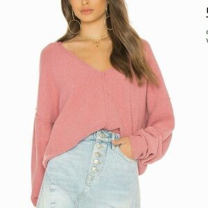 FREE PEOPLE Take Me Places Deep V-Neck Oversized Pullover Sweater in Pink L